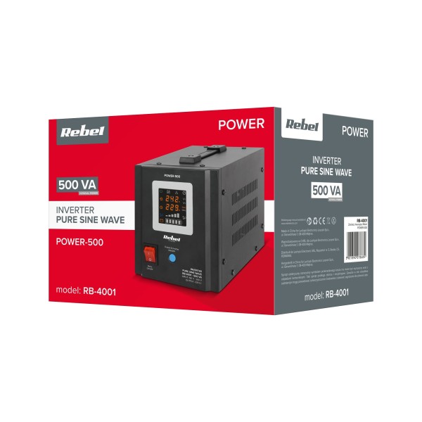 Zasilacz Awaryjny Rebel POWER-500 - przetwornica z czystym przebiegiem sinusoidalnym i funkcją ładowania  12V 230V 500VA/300W