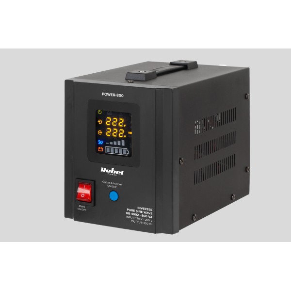 Zasilacz Awaryjny Rebel POWER-800 - przetwornica z czystym przebiegiem sinusoidalnym i funkcją ładowania  12V 230V 800VA/500W