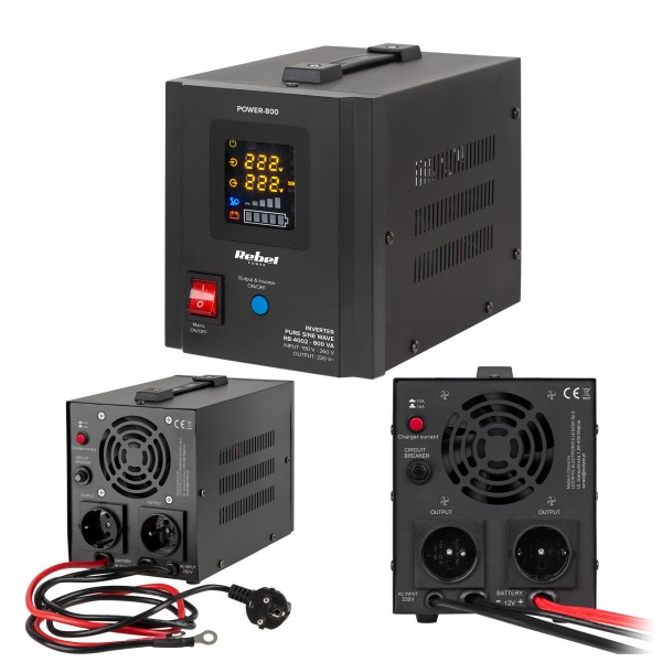 Zasilacz Awaryjny Rebel POWER-800 - przetwornica z czystym przebiegiem sinusoidalnym i funkcją ładowania  12V 230V 800VA/500W