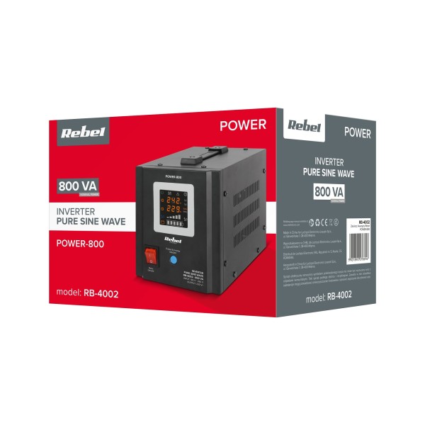 Zasilacz Awaryjny Rebel POWER-800 - przetwornica z czystym przebiegiem sinusoidalnym i funkcją ładowania  12V 230V 800VA/500W