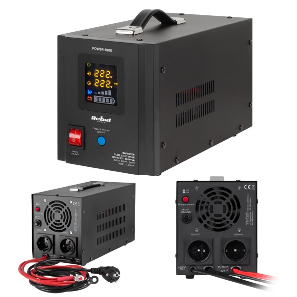 Zasilacz Awaryjny Rebel POWER-1000 - przetwornica z czystym przebiegiem sinusoidalnym i funkcją ładowania 12V 230V 1000VA/700W
