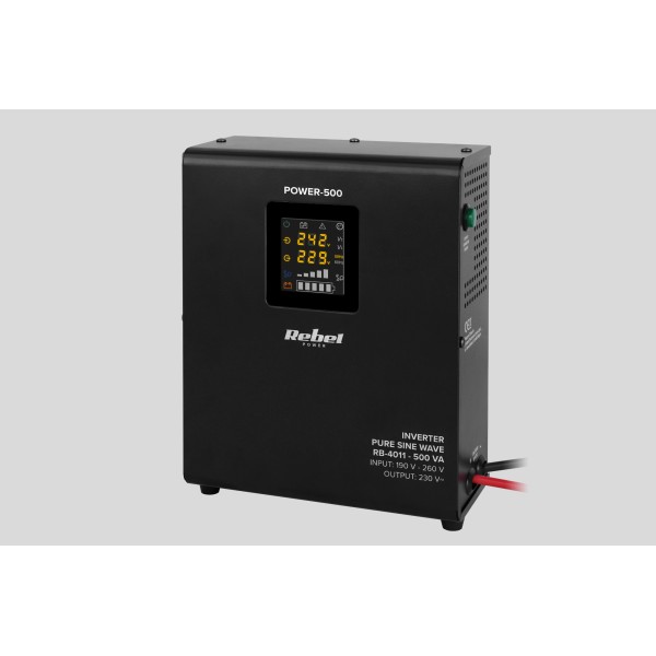 Zasilacz Awaryjny Naścienny Rebel POWER-500 - przetwornica z czystym przebiegiem sinusoidalnym i funkcją ładowania  12V 230V 500VA/300W