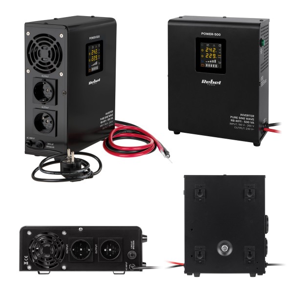 Zasilacz Awaryjny Naścienny Rebel POWER-500 - przetwornica z czystym przebiegiem sinusoidalnym i funkcją ładowania  12V 230V 500VA/300W