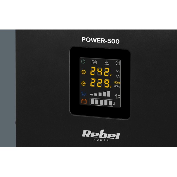 Zasilacz Awaryjny Naścienny Rebel POWER-500 - przetwornica z czystym przebiegiem sinusoidalnym i funkcją ładowania  12V 230V 500VA/300W