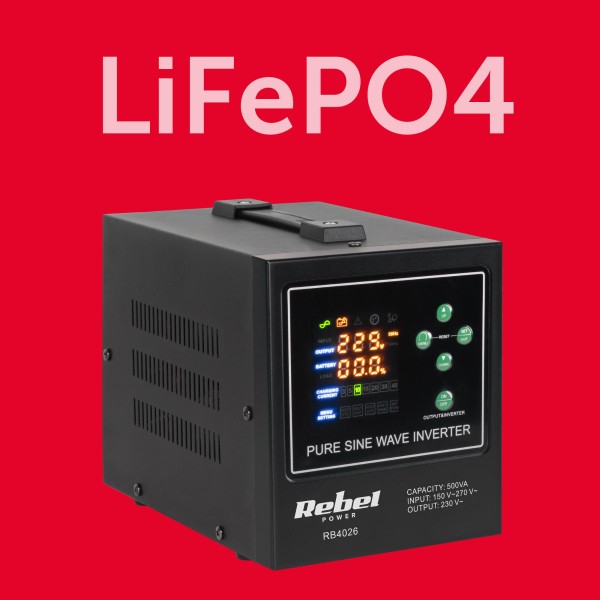 Zasilacz awaryjny Rebel POWER-500-LFP4 - przetwornica z czystym przebiegiem sinusoidalnym i funkcją ładowania  12V 230V 500VA/300W