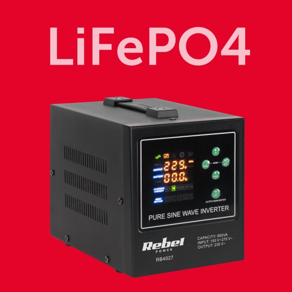 Zasilacz awaryjny Rebel POWER-800-LFP4 - przetwornica z czystym przebiegiem sinusoidalnym i funkcją ładowania  12V 230V 800VA/500W