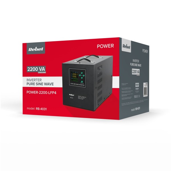 Zasilacz awaryjny Rebel POWER-2200-LFP4 - przetwornica z czystym przebiegiem sinusoidalnym i funkcją ładowania 12V 230V 2200VA/1600W