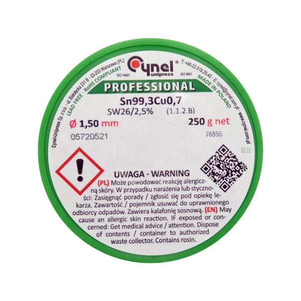 SPOIWO, DRUT LUTOWNICZY BEZOŁOWIOWY Z TOPNIKIEM NA SZPULI 1,5MM, 250G, SN99,3CU0,7 76855