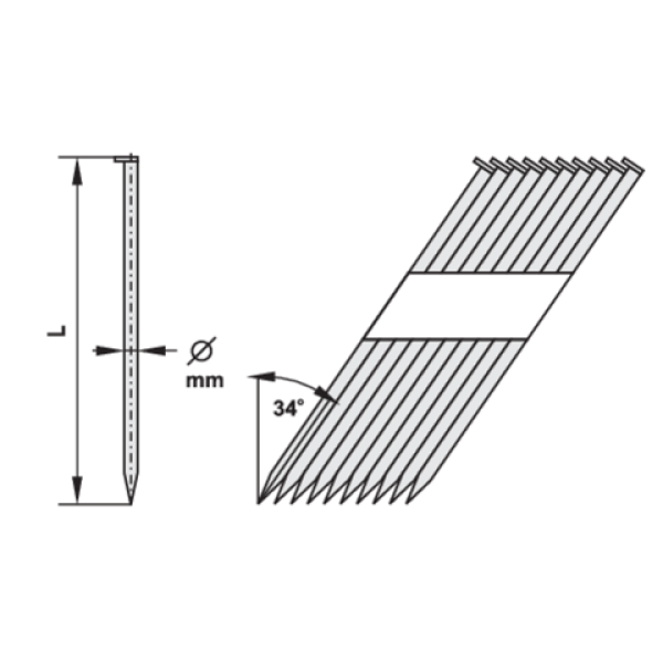 GWOŹDZIE TAŚMOWE DO GWOŹDZIARKI 50MM DRUT 2,8MM KĄT 34° 3000SZT 72010