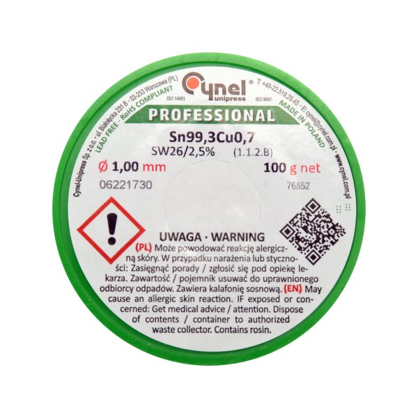 SPOIWO, DRUT LUTOWNICZY BEZOŁOWIOWY Z TOPNIKIEM NA SZPULI 1,0MM, 100G, SN99,3CU0,7 76852