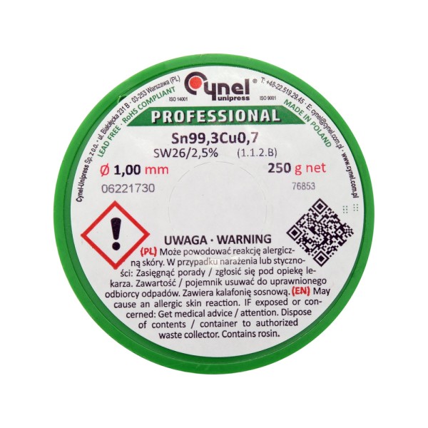 SPOIWO, DRUT LUTOWNICZY BEZOŁOWIOWY Z TOPNIKIEM NA SZPULI 1,0MM, 250G, SN99,3CU0,7 76853