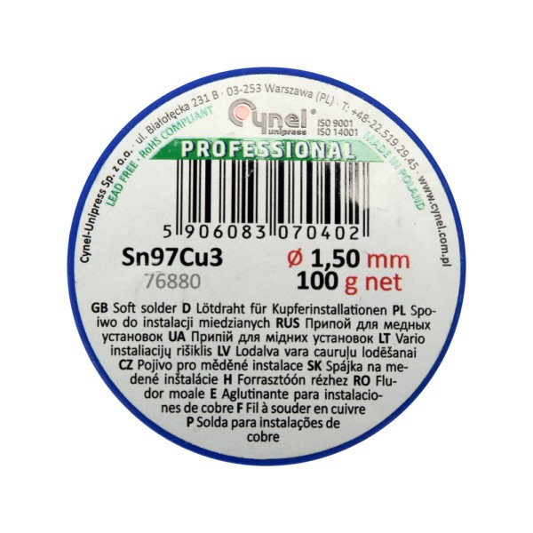 SPOIWO, DRUT LUTOWNICZY DO INSTALACJI MIEDZIANYCH NA SZPULI 1,5MM, 100G, SN97CU3 76880
