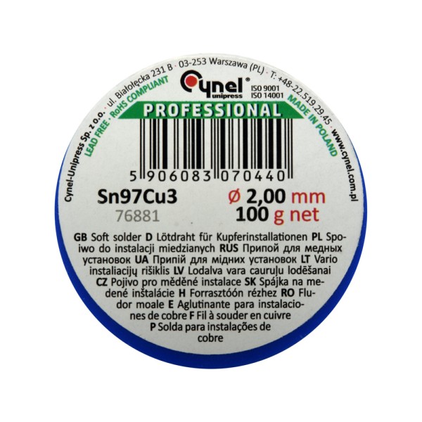 SPOIWO, DRUT LUTOWNICZY DO INSTALACJI MIEDZIANYCH NA SZPULI 2,0MM, 100G, SN97CU3 76881