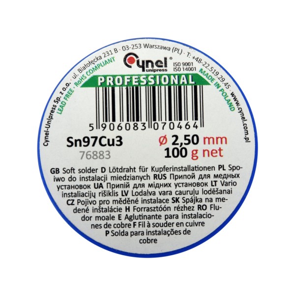 SPOIWO, DRUT LUTOWNICZY DO INSTALACJI MIEDZIANYCH NA SZPULI 2,5MM, 100G, SN97CU3 76883