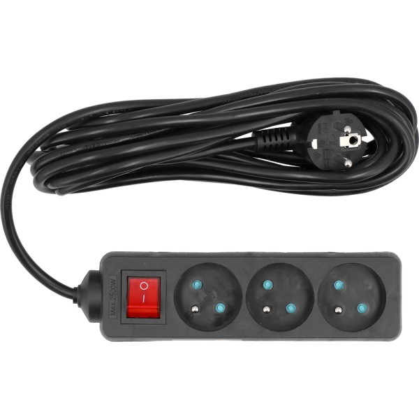 PRZEDŁUŻACZ ELEKTRYCZNY, BLACK, 3 GNIAZDA Z UZIEMIENIEM, 5M Z WYŁĄCZNIKIEM 72627