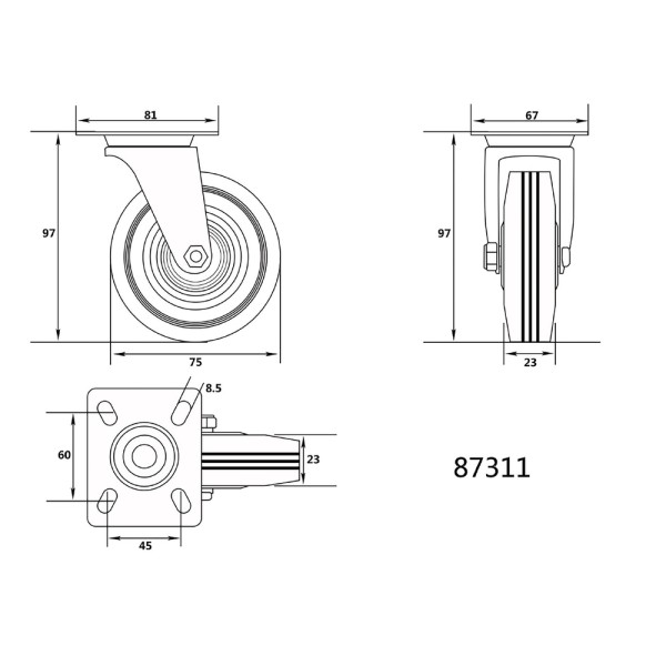 KÓŁKO SKRĘTNE Z CZARNĄ GUMĄ 75 MM 87311