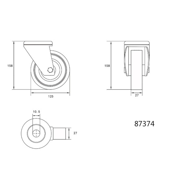 KÓŁKO SKRĘTNE 125MM Z SZARĄ GUMĄ I OTWOREM MOCUJĄCYM 87374