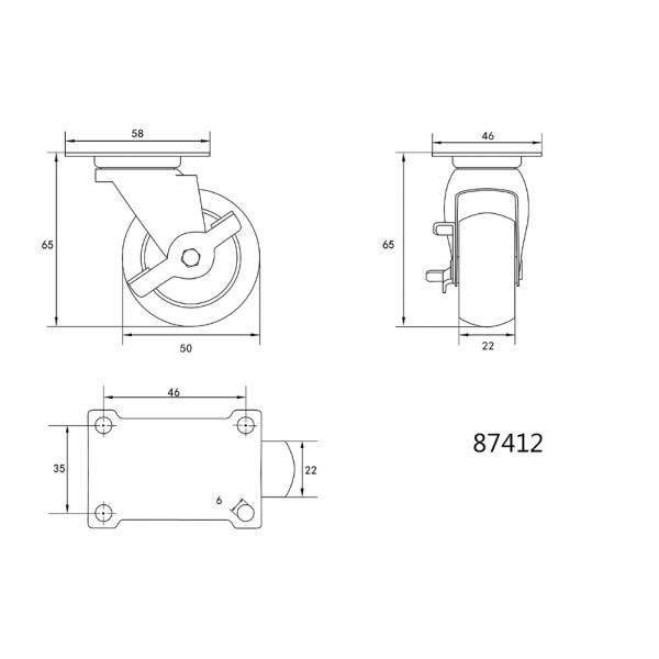 KÓŁKO SKRĘTNE Z CZARNĄ GUMĄ Z HAMULCEM 50MM 87412