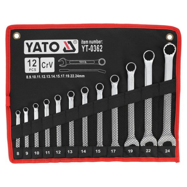 KLUCZE PŁASKO-OCZKOWE Z POLEROWANĄ GŁÓWKĄ 8-24 MM, 12 SZT. YT-0362