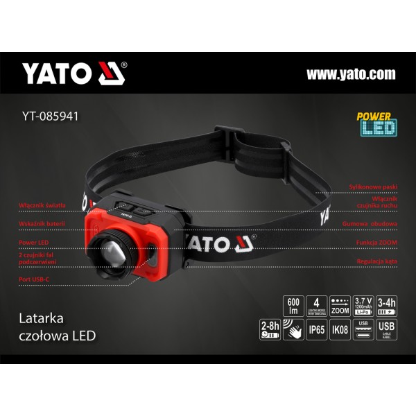 LATARKA CZOŁOWA 600LM AKU, CZUJNIK RUCH YT-085941