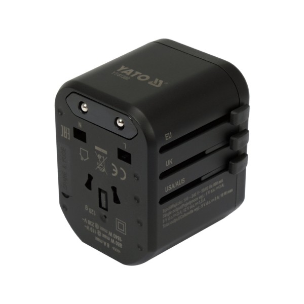 UNIWERSALNY ADAPTER PODRÓŻNY DO PONAD 150 KRAJÓW Z SZYBKĄ ŁADOWARKĄ USB Q.C. 3.0, 20W YT-81300