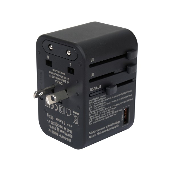 ADAPTER PODRÓŻNY DO PONAD 150 KRAJÓW USB-C PD 65W YT-81303