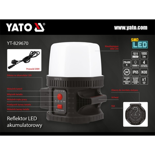 REFLEKTOR LED 18V, 10000 LM, 360° - BEZ AKUMULATORA YT-829670