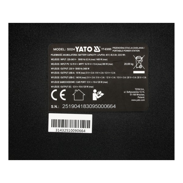 PRZENOŚNA STACJA ZASILANIA 2400W, 2232WH LIFEPO4, EPS YT-83095