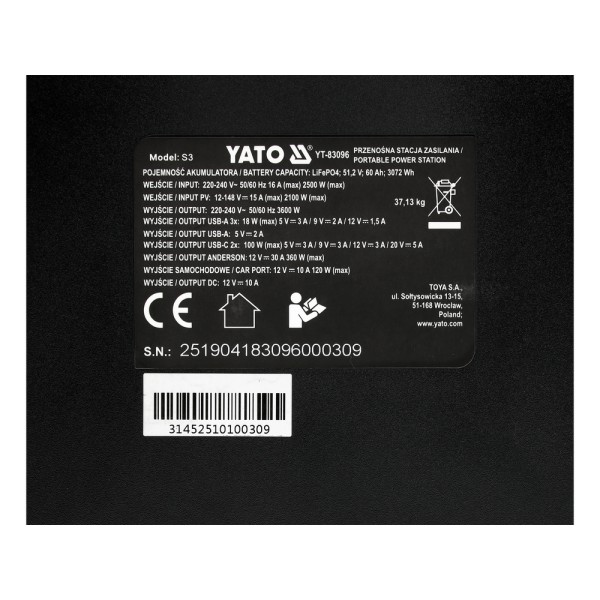 PRZENOŚNA STACJA ZASILANIA 3600W, 3072WH LIFEPO4, EPS YT-83096