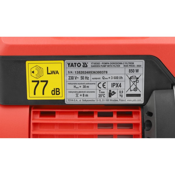POMPA OGRODOWA 850W Z FILTREM I MANOMETREM YT-85363