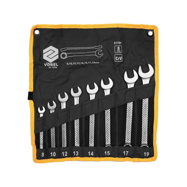 KLUCZE PŁASKO-OCZKOWE 8-19 MM, CV, ZEST. 8 SZT. SATYNA, ETUI 51705