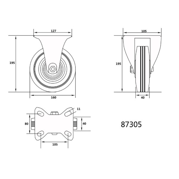 KÓŁKO STAŁE Z CZARNĄ GUMĄ 160MM 87305