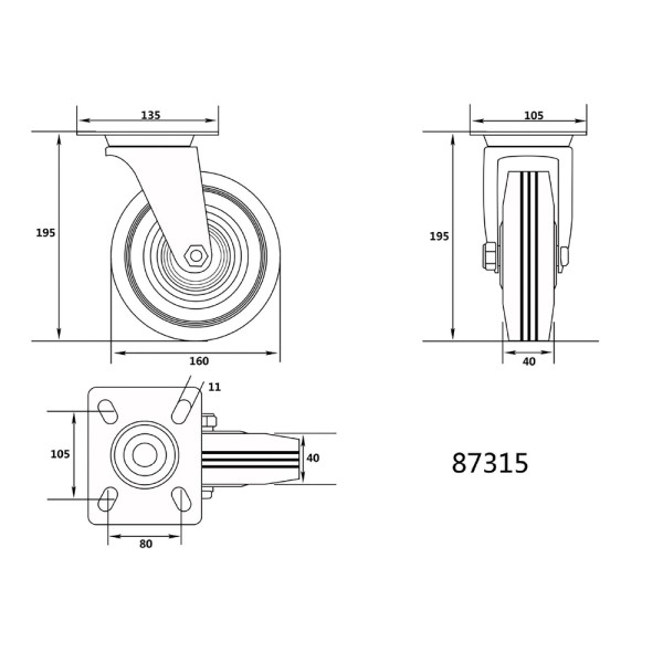 KÓŁKO SKRĘTNE Z CZARNĄ GUMĄ 160MM 87315