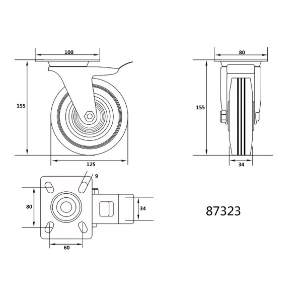 KÓŁKO SKRĘTNE Z CZARNĄ GUMĄ I HAMULCEM 125MM 87323