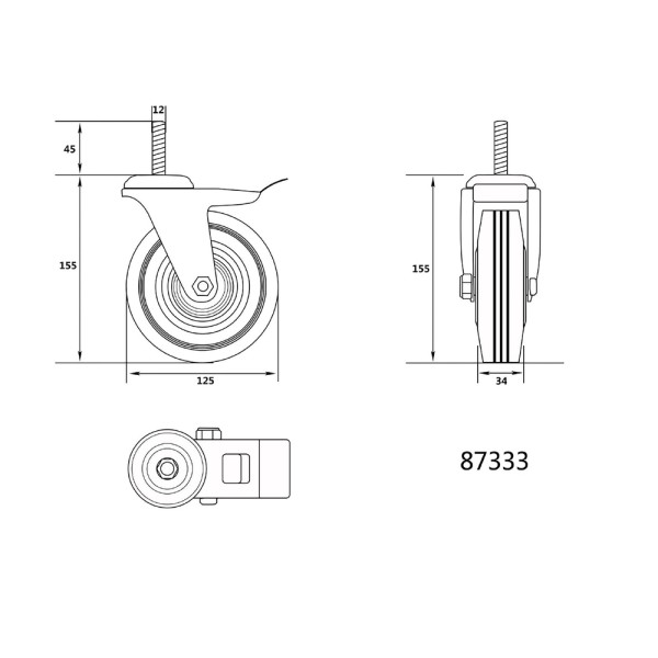 KÓŁKO 125MM, SKRĘTNE Z CZARNĄ GUMĄ, HAMULCEM I TRZPIENIEM GWINTOWANYM, ŁOŻYSKOWANE 87333