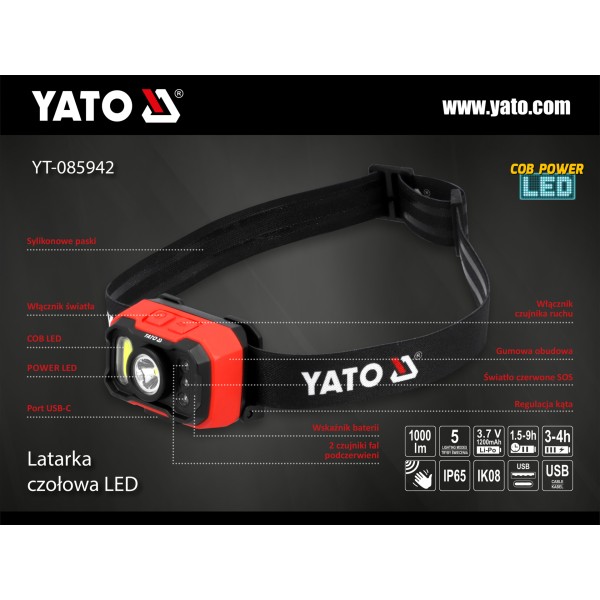 LATARKA CZOŁOWA 1000LM AKU, CZUJNIK RUCH YT-085942