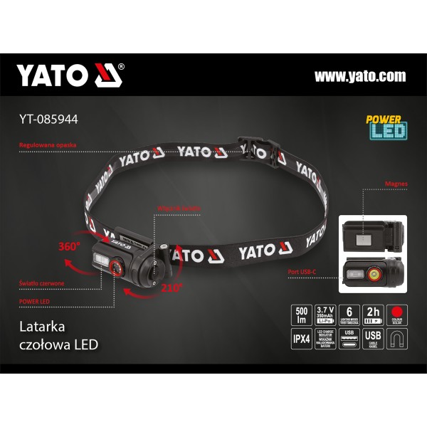 LATARKA CZOŁOWA 500LM, AKU YT-085944