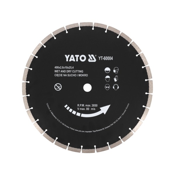 TARCZA DIAMENTOWA DO BETONU 400X25,4MM, CIĘCIE NA SUCHO I NA MOKRO YT-60004